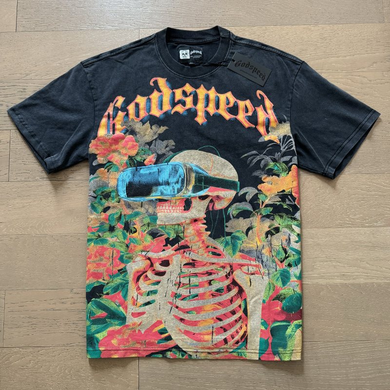 Godspeed Skeleton & Floral Washed Graphic T-Shirt ¡ª front