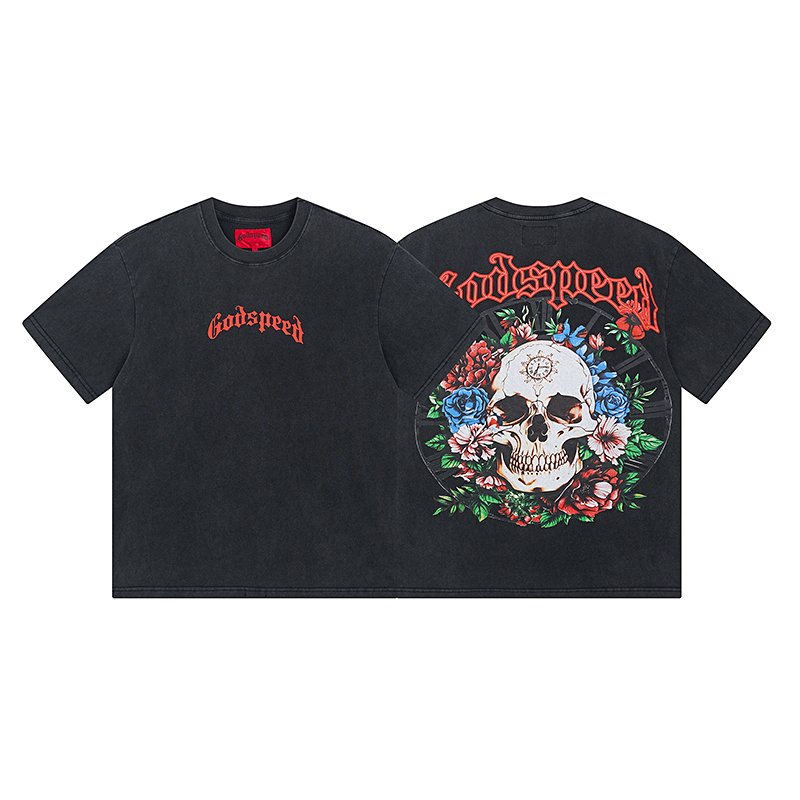 Godspeed Washed Black Skull Floral Graphic T-Shirt ¡ª hero
