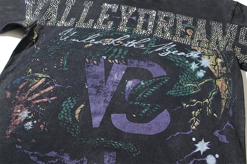 VALE USA Rhinestone Graphic Washed Black T-Shirt ¡ª detail