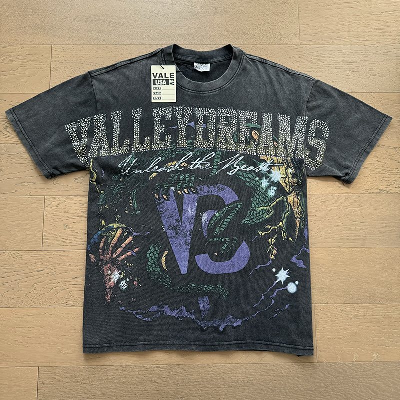 VALE USA Rhinestone Graphic Washed Black T-Shirt ¡ª front