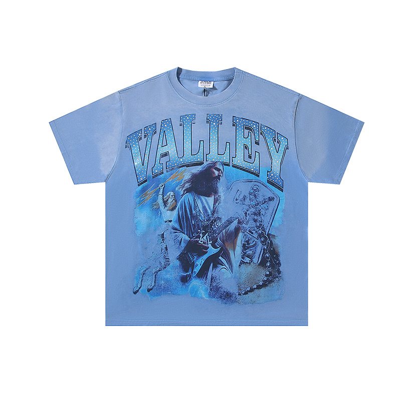 VALE USA Washed Light Blue Rhinestone Graphic T-Shirt ¡ª hero