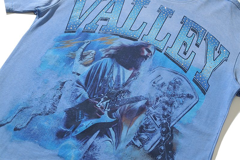 VALE USA Washed Light Blue Rhinestone Graphic T-Shirt ¡ª detail
