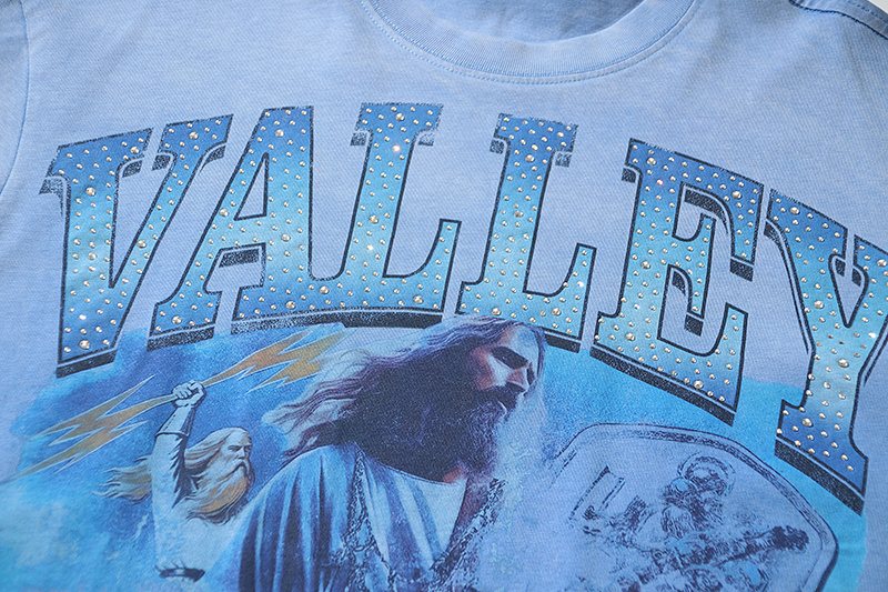 VALE USA Washed Light Blue Rhinestone Graphic T-Shirt ¡ª detail