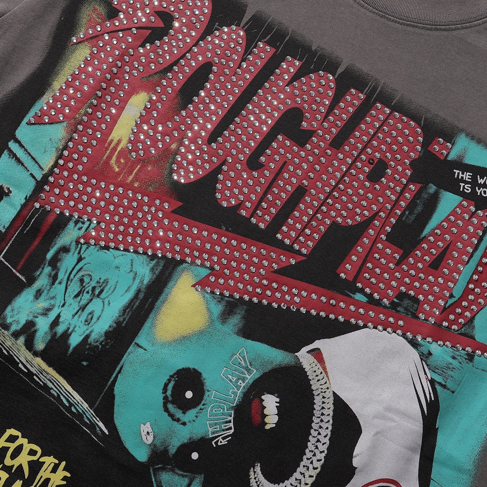 Rough Play Green Mask Dice Rhinestone Graphic T-Shirt ¡ª detail