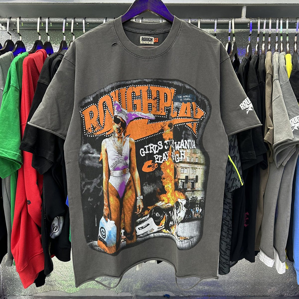 Rough Play Bunny Car Rhinestone Distressed T-Shirt ¡ª context