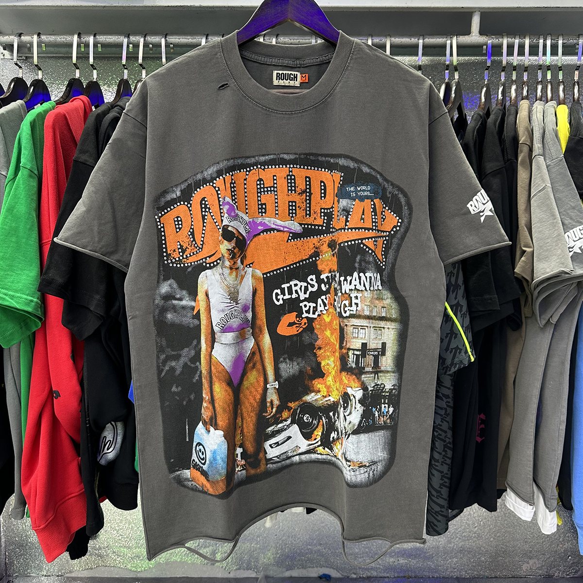 Rough Play Bunny Car Rhinestone Distressed T-Shirt ¡ª context