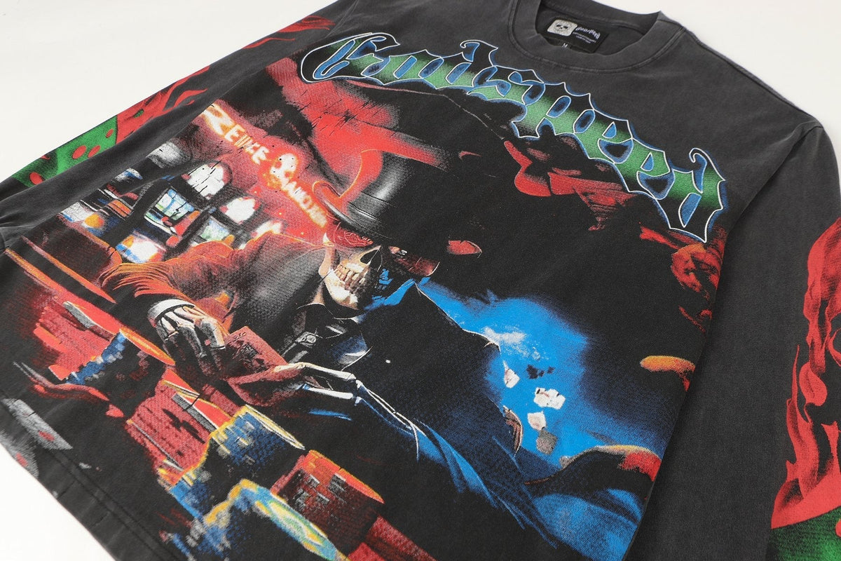 Godspeed Washed Black Casino Skull Long-Sleeve T-Shirt ¡ª front