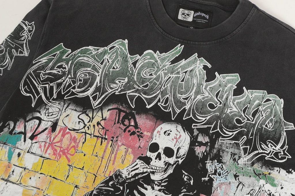 Godspeed Washed Black Skeleton Graphic Long-Sleeve T-Shirt ¡ª detail