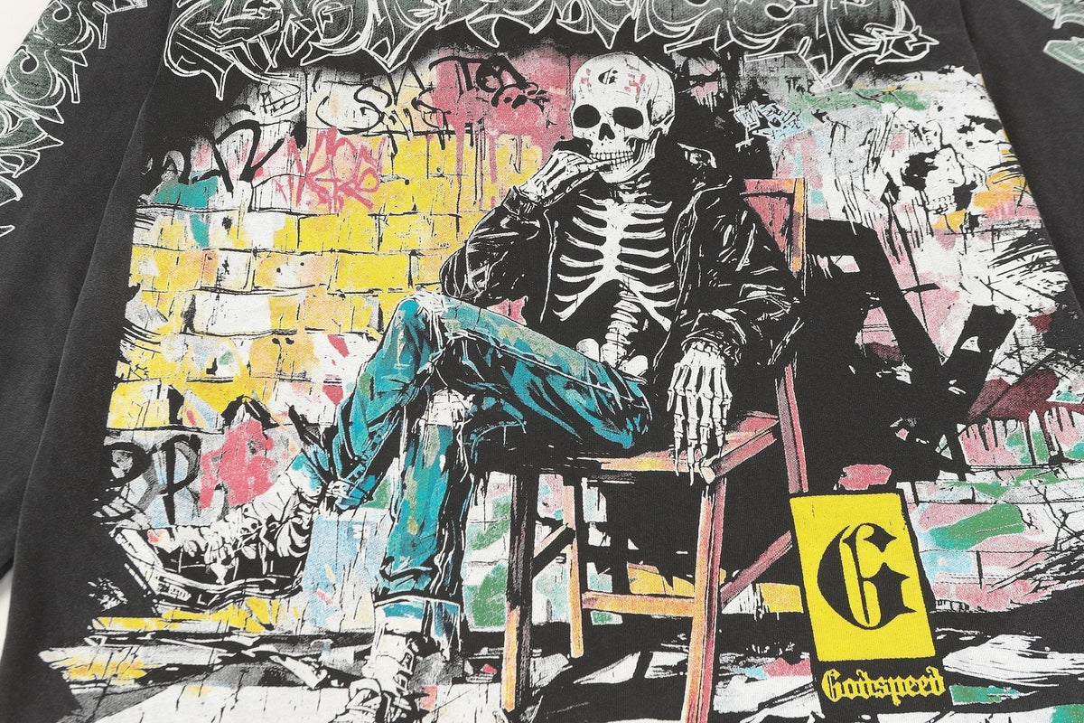 Godspeed Washed Black Skeleton Graphic Long-Sleeve T-Shirt ¡ª detail