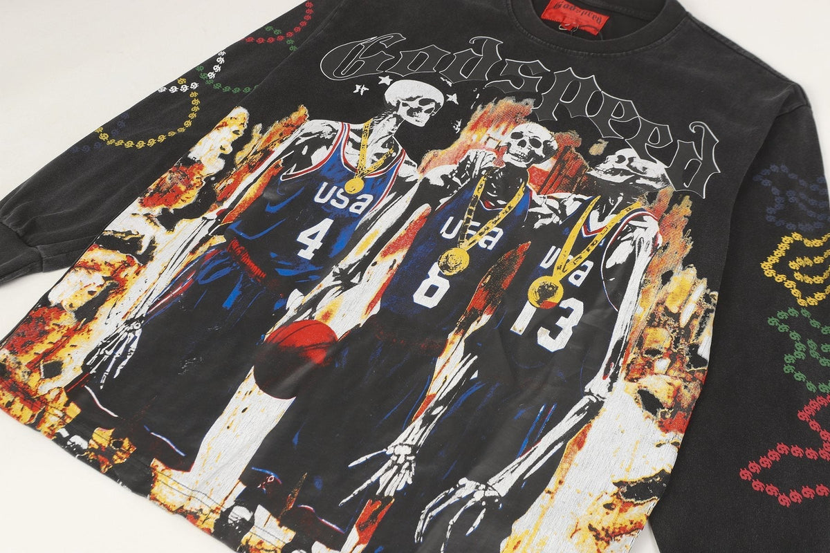 Godspeed Skeleton Basketball Graphic Long-Sleeve T-Shirt ¡ª detail