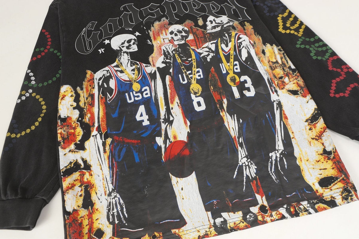 Godspeed Skeleton Basketball Graphic Long-Sleeve T-Shirt ¡ª detail