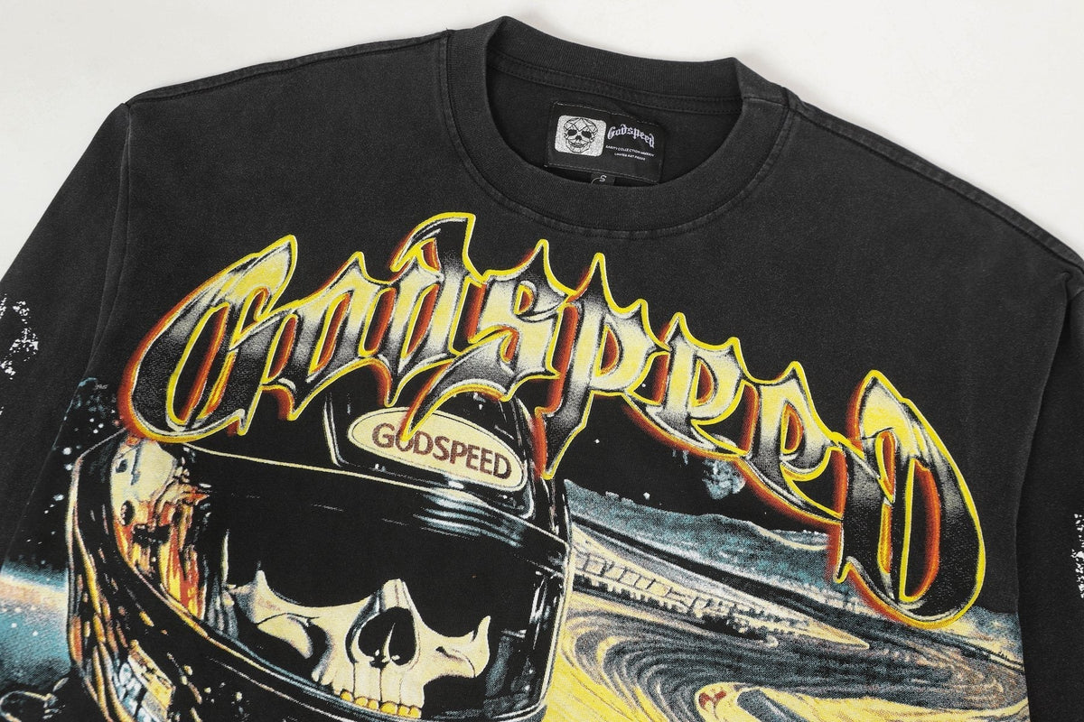 Godspeed Washed Black Racing Skull Long-Sleeve T-Shirt ¡ª detail