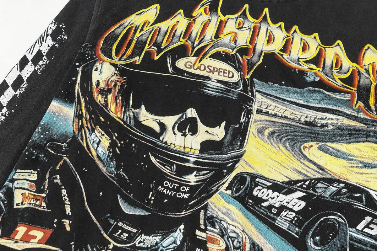 Godspeed Washed Black Racing Skull Long-Sleeve T-Shirt ¡ª detail