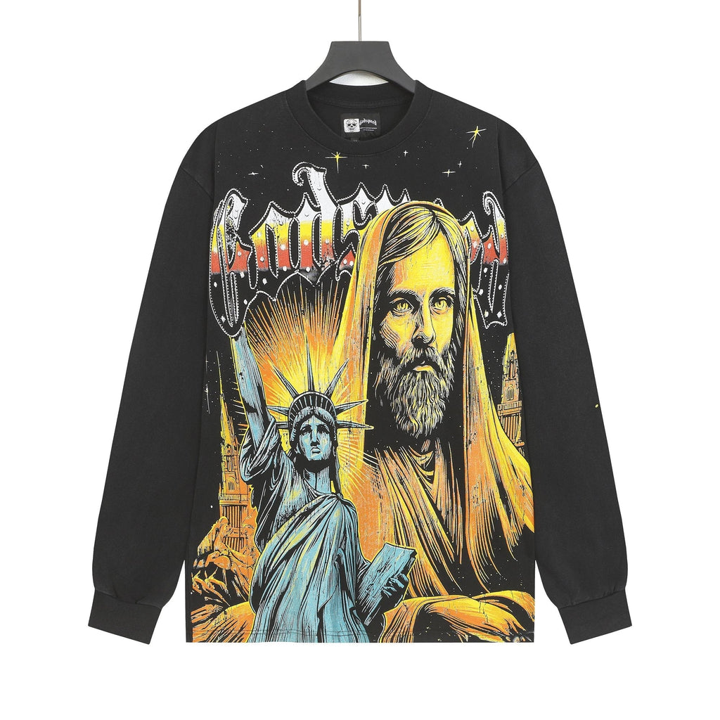 Godspeed Out of Many One Washed Black Long-Sleeve Graphic T-Shirt ¡ª hero