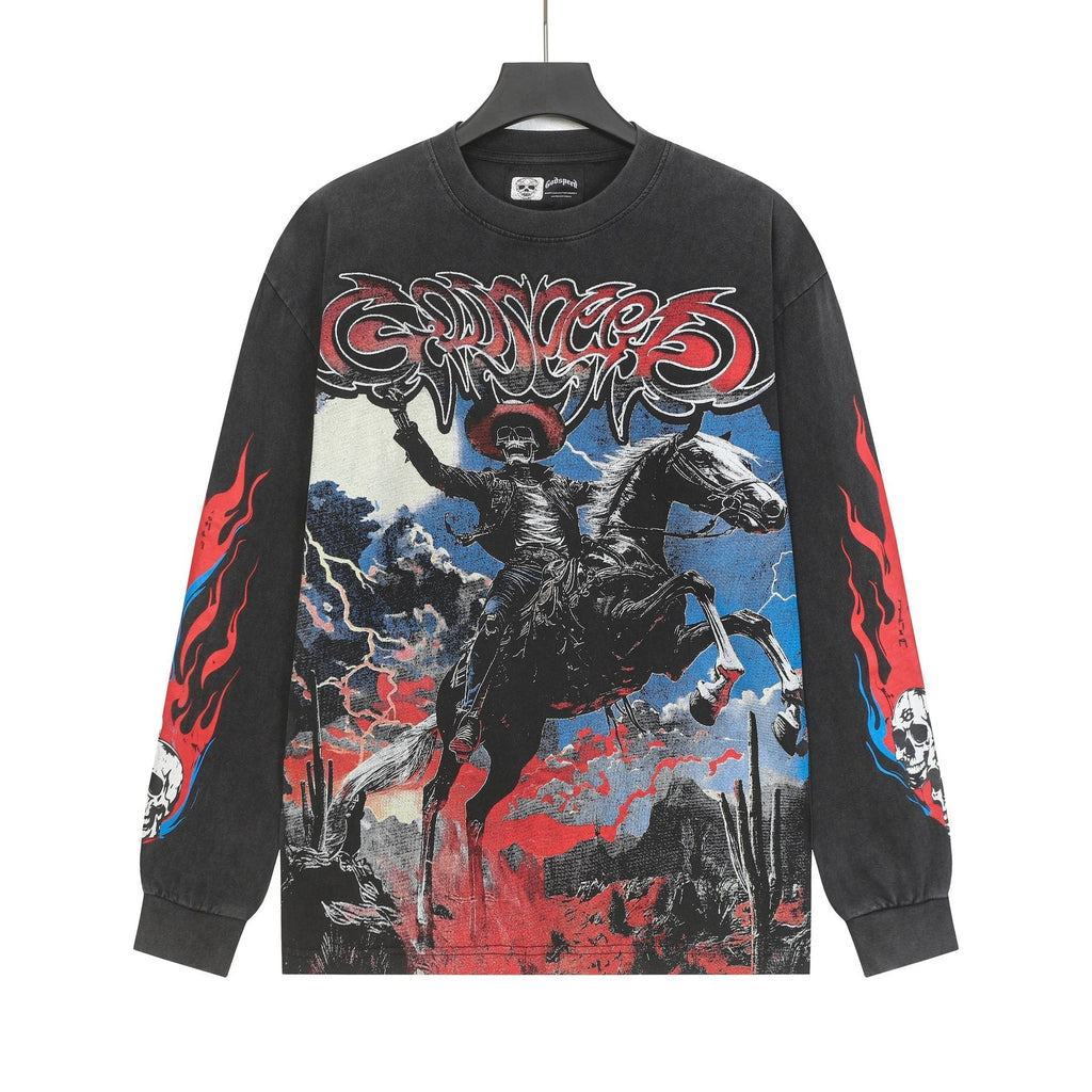 Godspeed Washed Black Cowboy Graphic Long-Sleeve T-Shirt ¡ª front