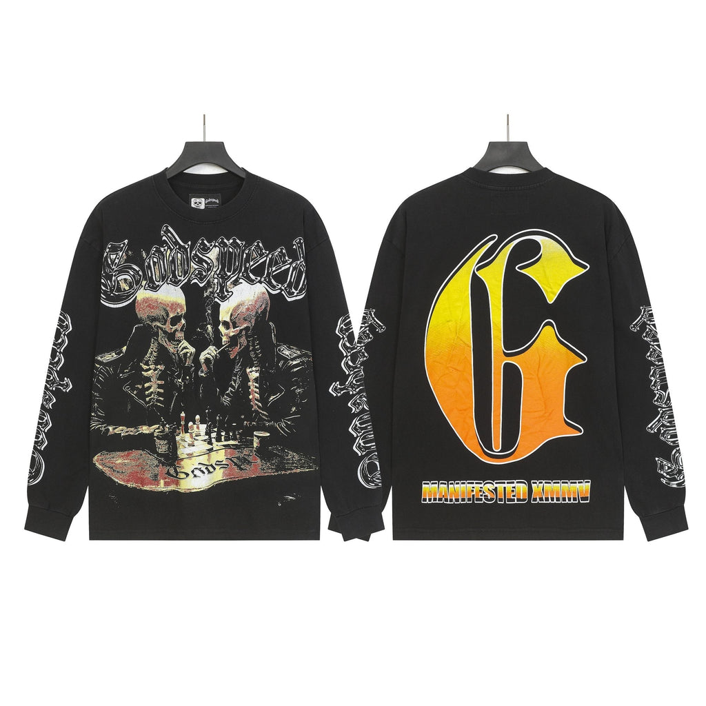 Godspeed Washed Black Skeleton Chess Graphic Long-Sleeve T-Shirt ¡ª hero