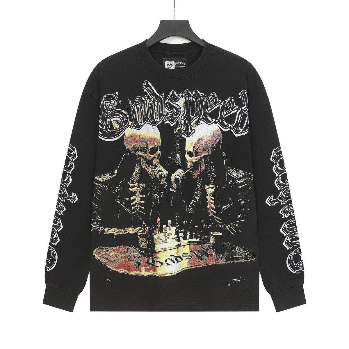 Godspeed Washed Black Skeleton Chess Graphic Long-Sleeve T-Shirt ¡ª front