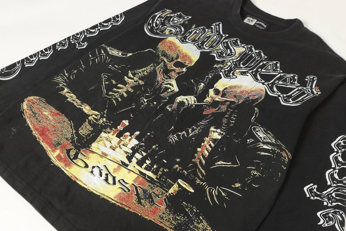 Godspeed Washed Black Skeleton Chess Graphic Long-Sleeve T-Shirt ¡ª detail