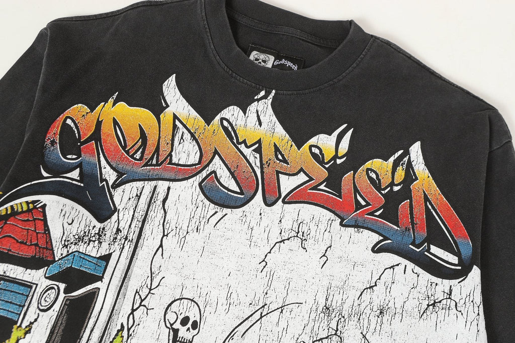 Godspeed Washed Black Skeleton Car Graphic Long-Sleeve T-Shirt ¡ª detail