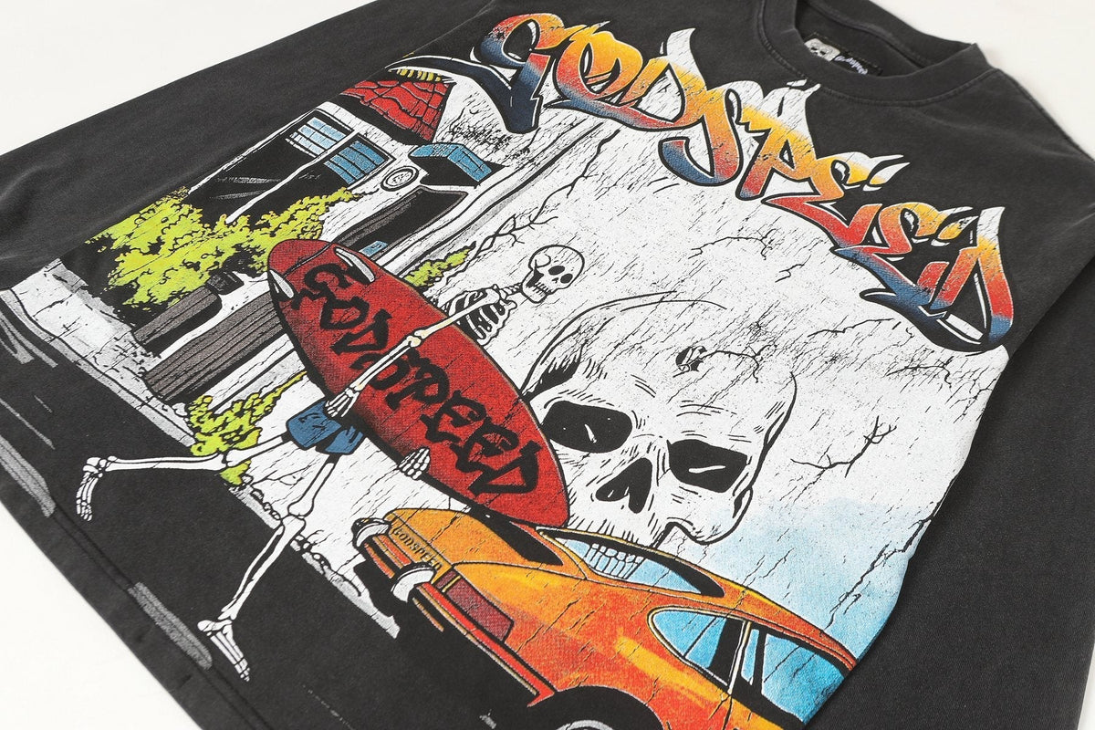 Godspeed Washed Black Skeleton Car Graphic Long-Sleeve T-Shirt ¡ª detail