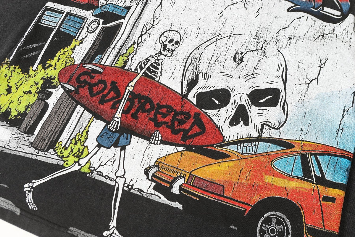Godspeed Washed Black Skeleton Car Graphic Long-Sleeve T-Shirt ¡ª detail