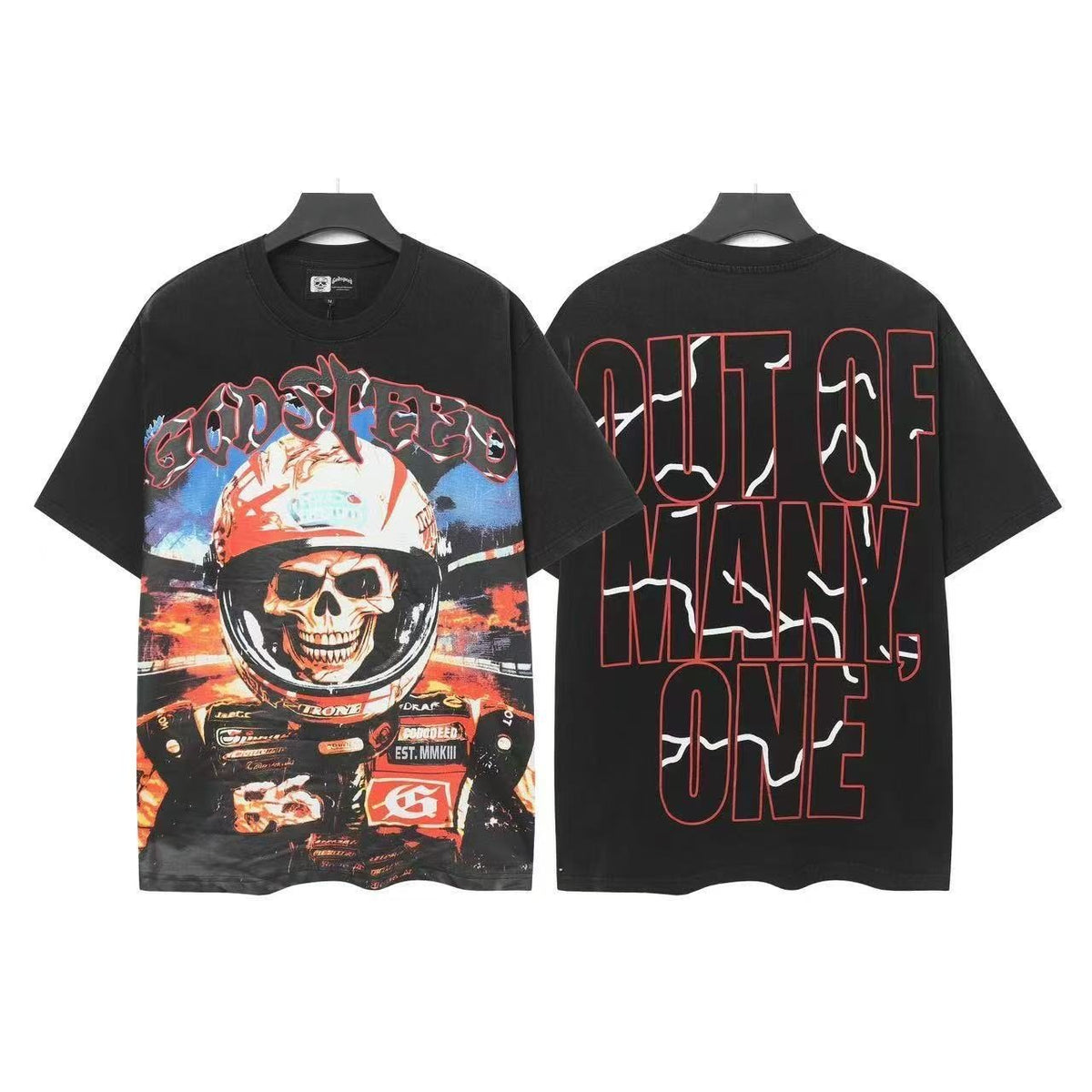 Godspeed Out Of Many One Racing Skull Graphic T-Shirt ¡ª front