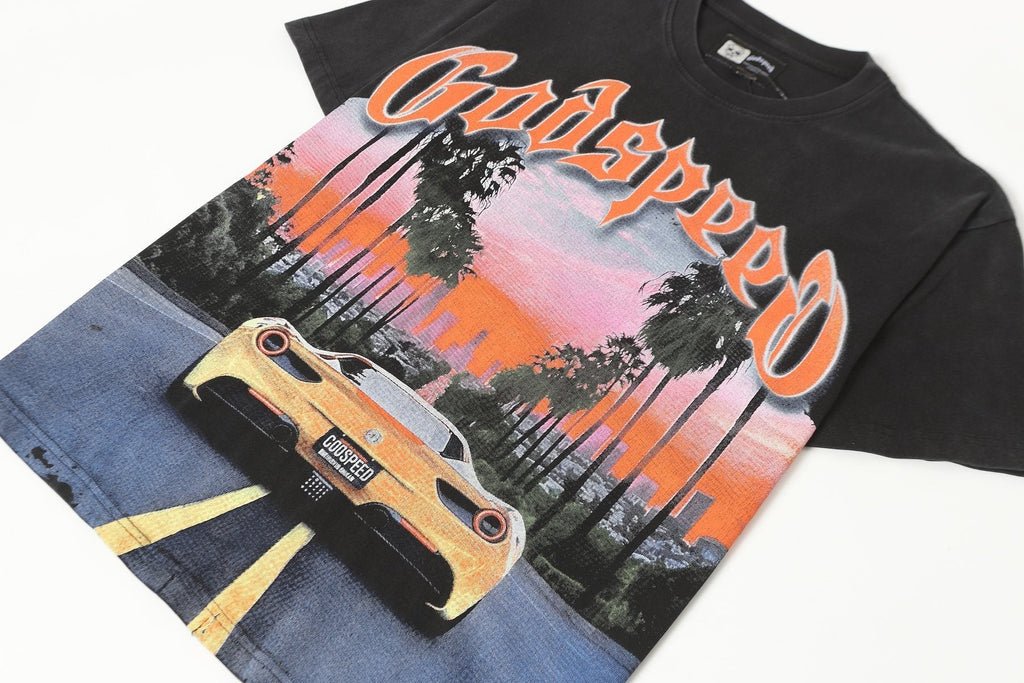Godspeed Washed Black Racing Car Graphic T-Shirt ¡ª front