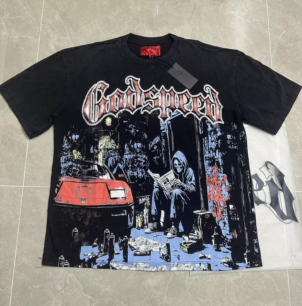 Godspeed Washed Black Reaper Car Graphic T-Shirt ¡ª front