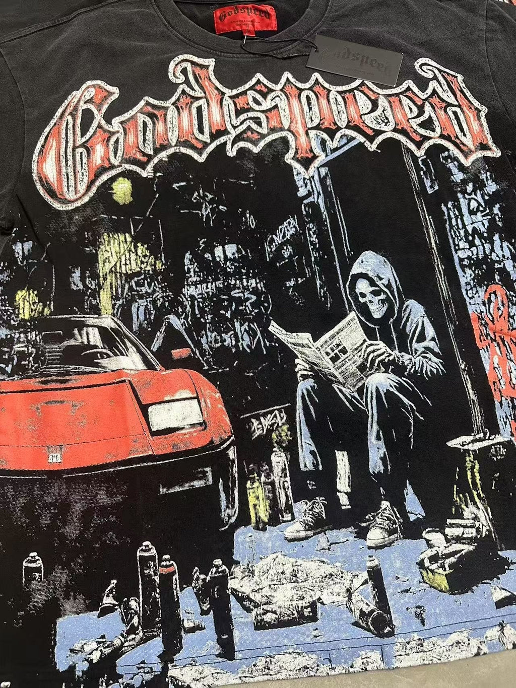 Godspeed Washed Black Reaper Car Graphic T-Shirt ¡ª front