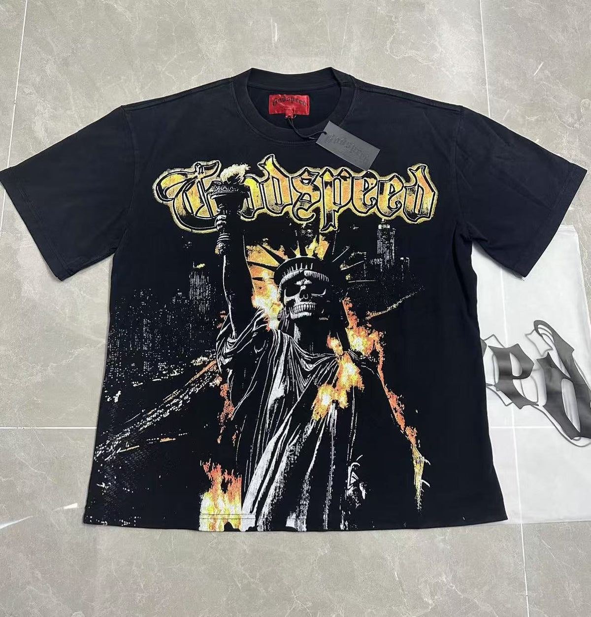 Godspeed Washed Black Statue Graphic T-Shirt ¡ª front