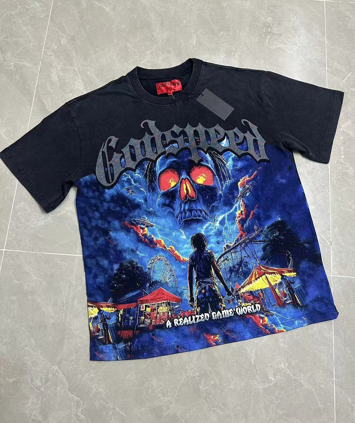Godspeed Skull Graphic Washed Black T-Shirt ¡ª front