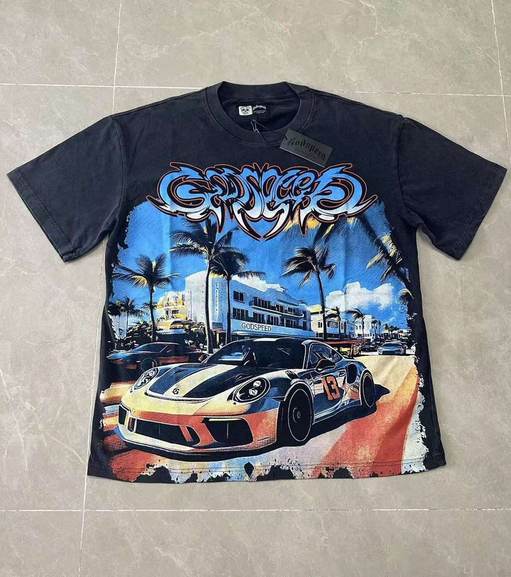 Godspeed Washed Black Car & Sun-Eye Graphic T-Shirt ¡ª front