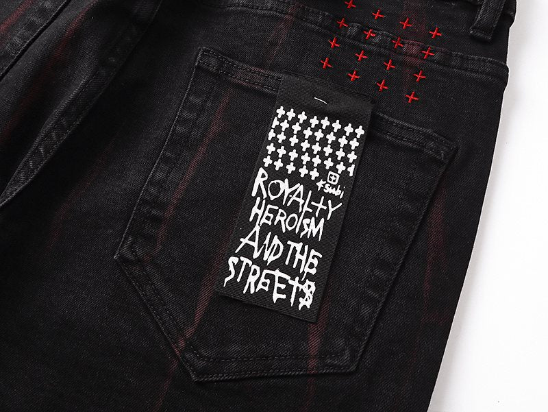 Ksubi Black Slim Tapered Jeans with Red Accents ¡ª detail