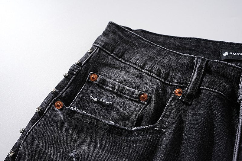 Purple Brand Black Distressed Studded Jeans ¡ª detail