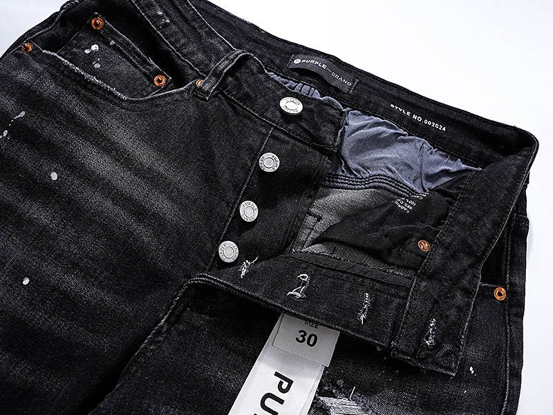 Purple Brand Black Paint Splatter Distressed Jeans ¡ª detail