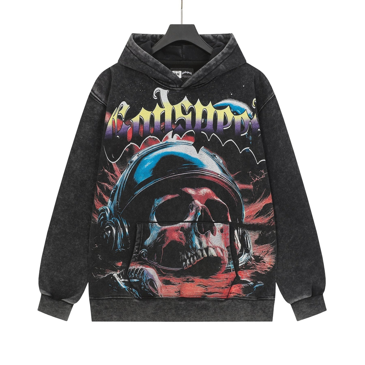 Godspeed Skull Graphic Acid Wash Hoodie ¡ª front