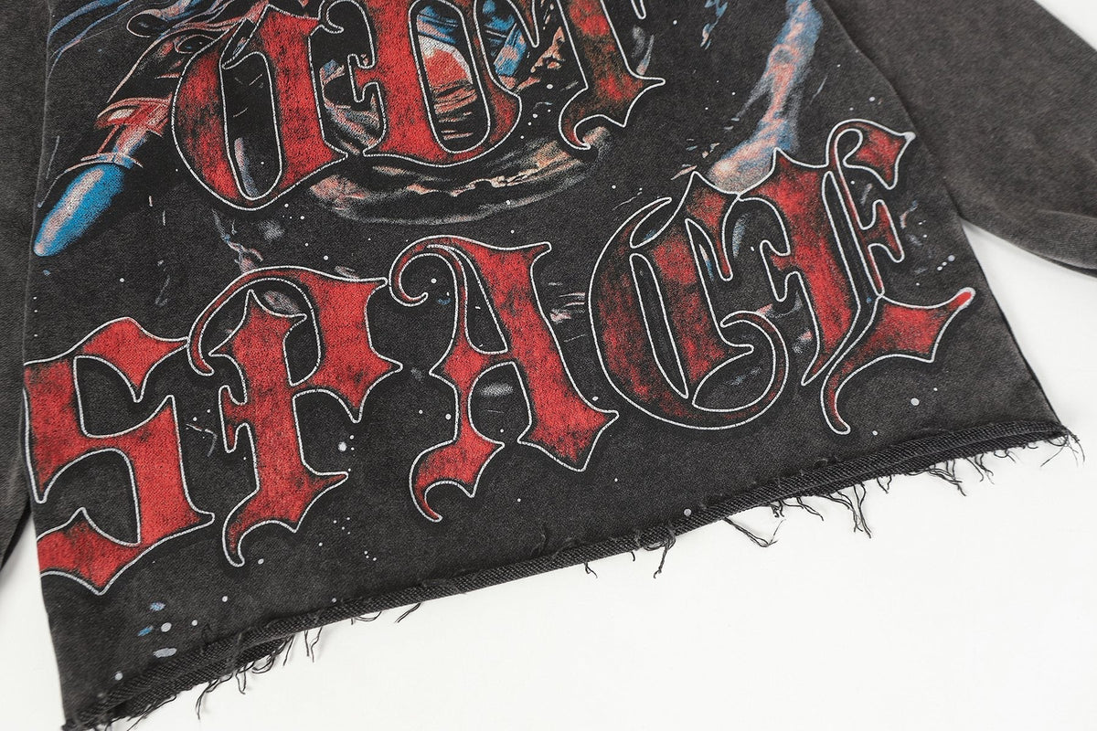 Godspeed Astronaut Skull Graphic Washed Raw Hem Hoodie ¡ª detail