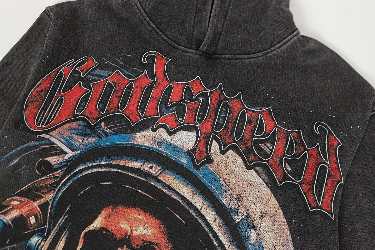 Godspeed Astronaut Skull Graphic Washed Raw Hem Hoodie ¡ª detail