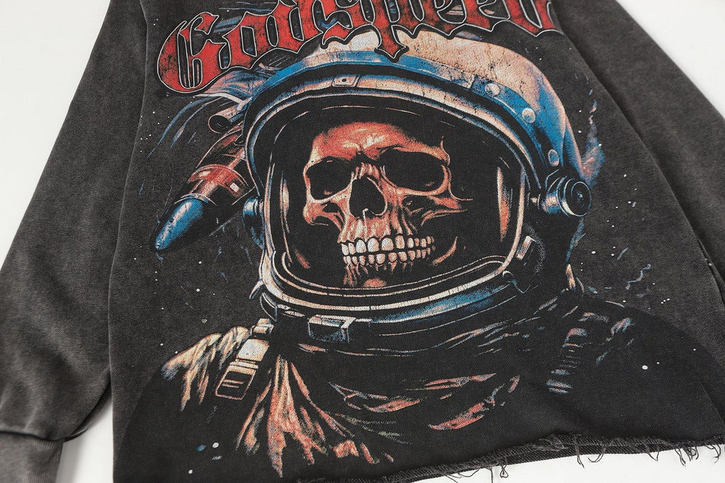 Godspeed Astronaut Skull Graphic Washed Raw Hem Hoodie ¡ª detail