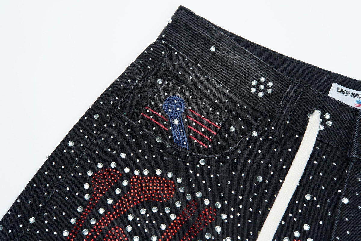 VALLEY Iced Out Rhinestone Denim Jorts ¡ª detail