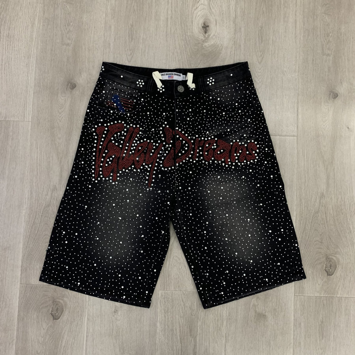 VALLEY Iced Out Rhinestone Denim Jorts ¡ª front