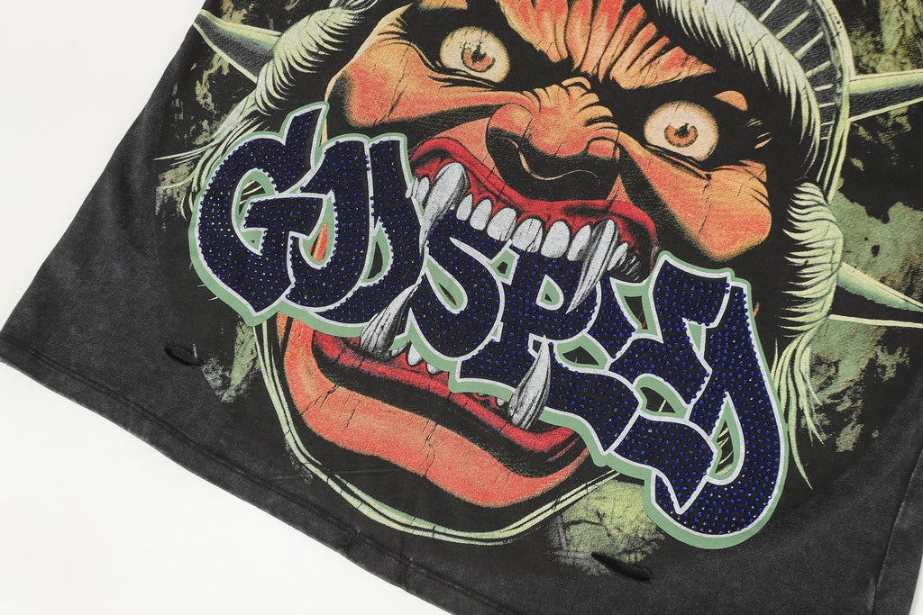 Godspeed Distressed Rhinestone Graphic T-Shirt ¡ª detail
