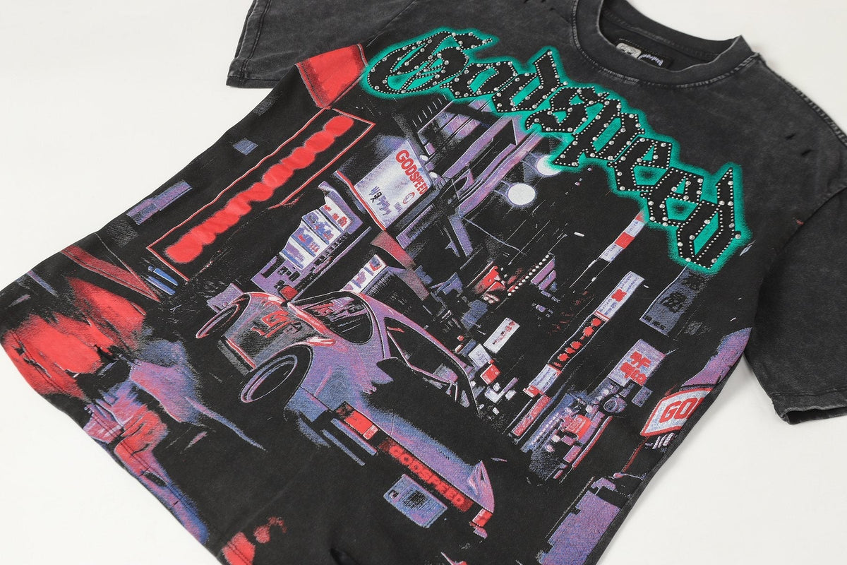 Godspeed City Car Rhinestone Graphic T-Shirt ¡ª front