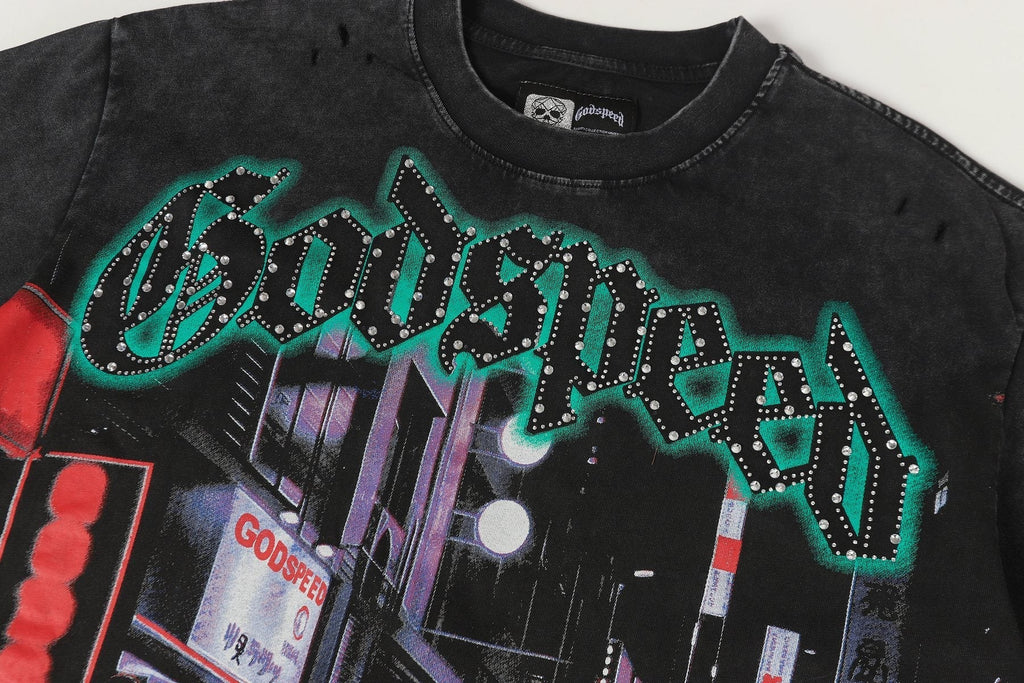 Godspeed City Car Rhinestone Graphic T-Shirt ¡ª detail