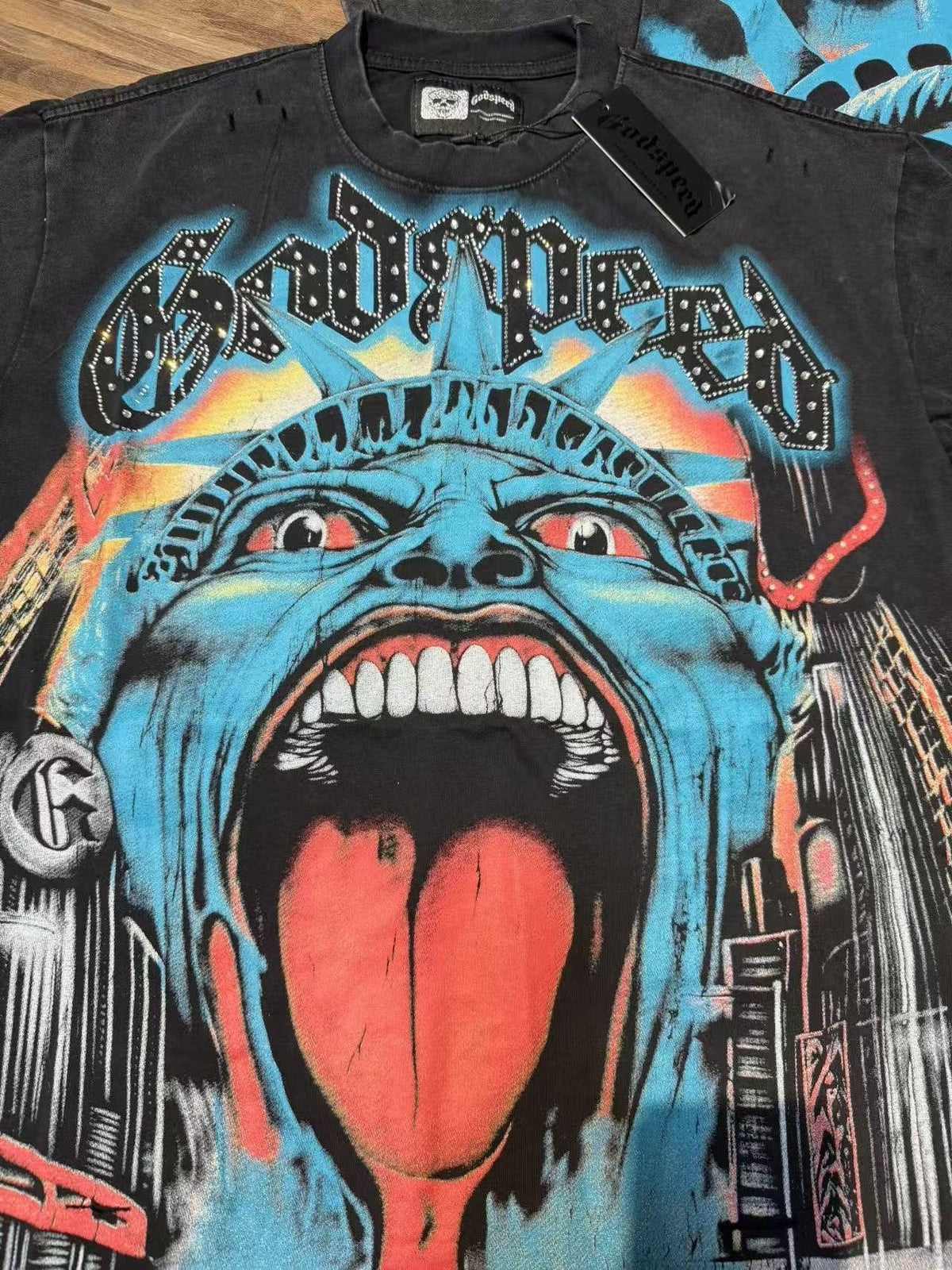 Godspeed Distressed Rhinestone Graphic T-Shirt ¡ª detail