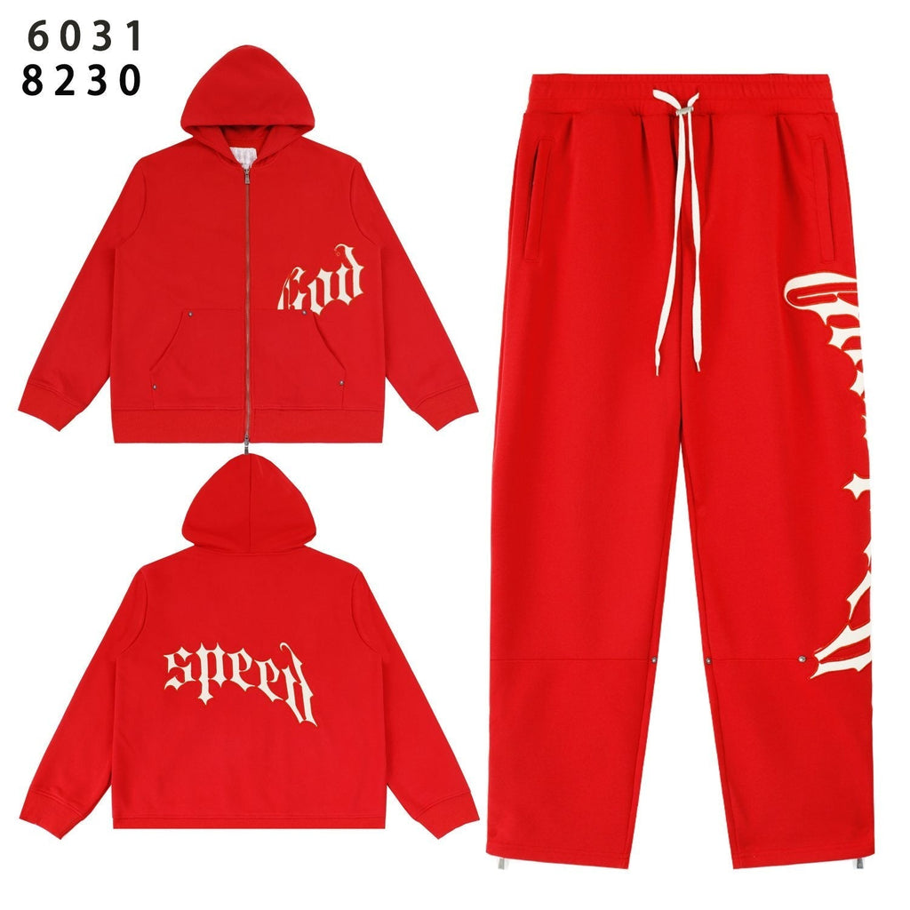Godspeed Red Gothic Print Zip Hoodie Tracksuit Set ¡ª front