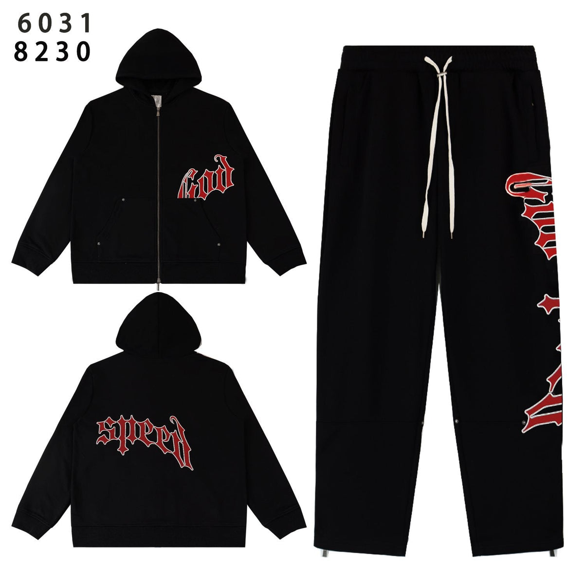 Godspeed Red Gothic Print Zip Hoodie Tracksuit Set ¡ª front