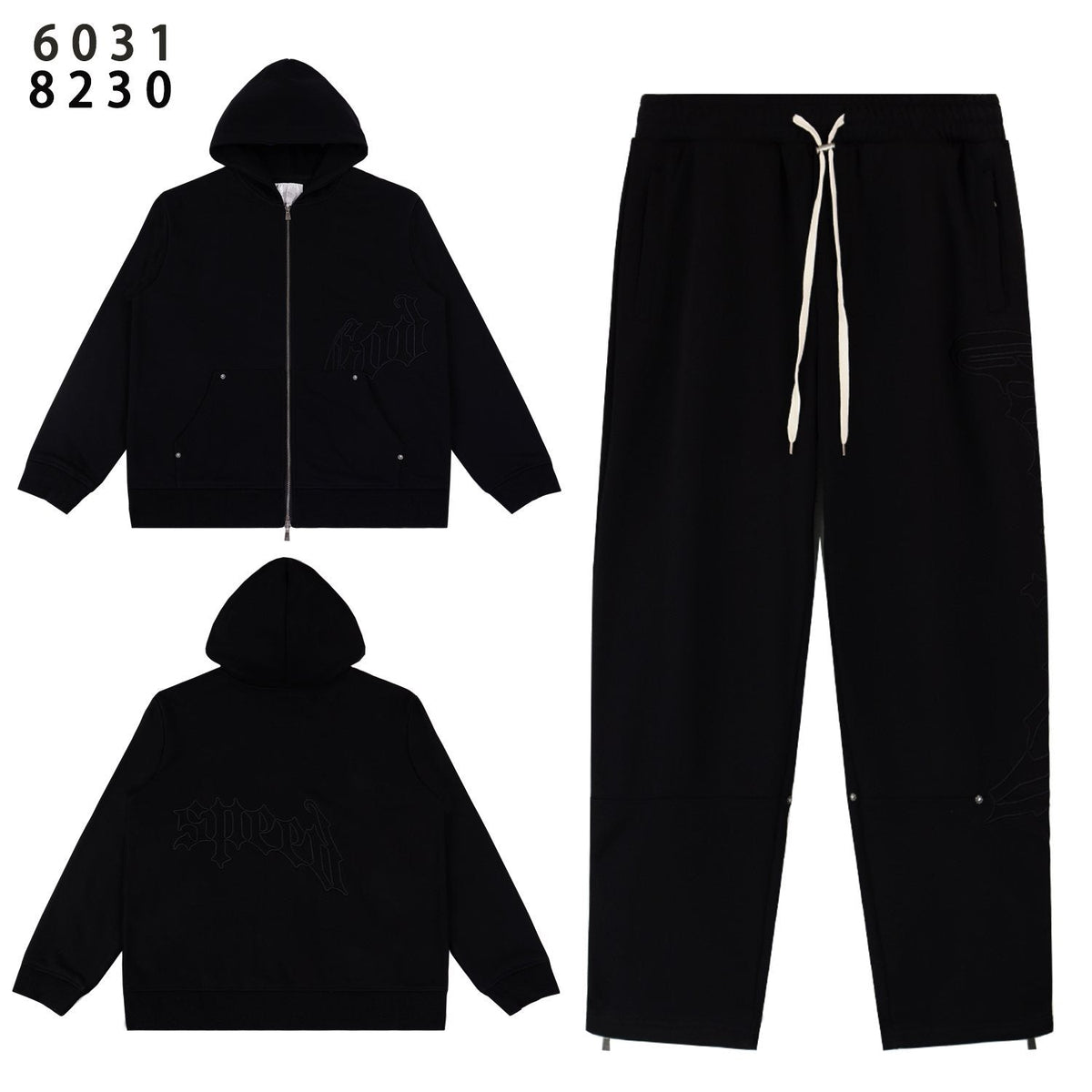 Godspeed Tonal Black Gothic Zip Hoodie Tracksuit Set ¡ª front