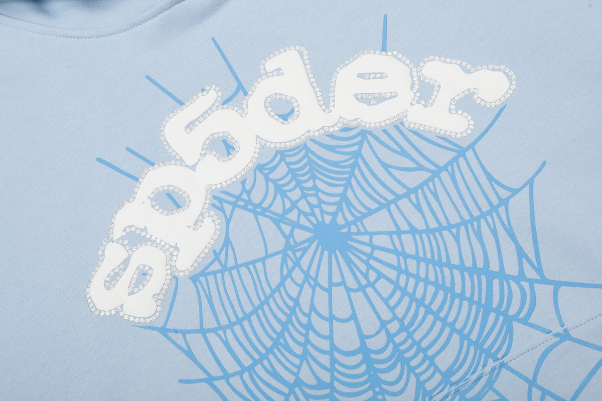 Sp5der Light Blue Spiderweb Hoodie & Sweatpants Matching Set ¡ª detail