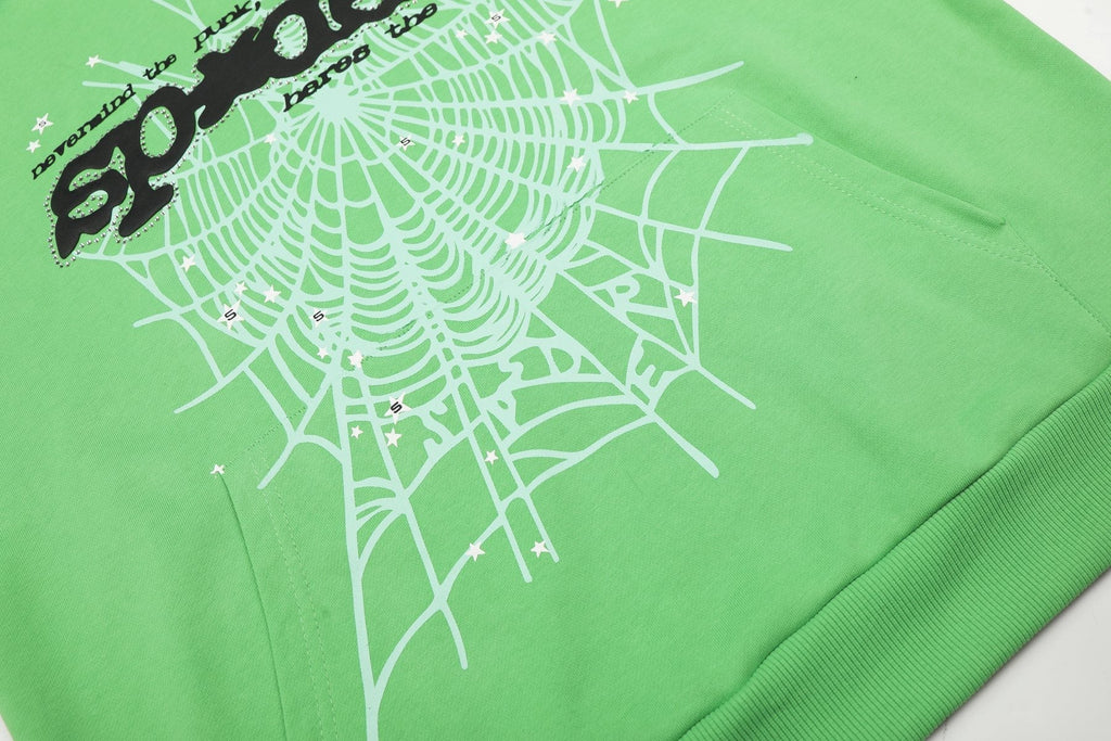 Sp5der Green Web Graphic Hoodie & Pants Matching Set ¡ª detail